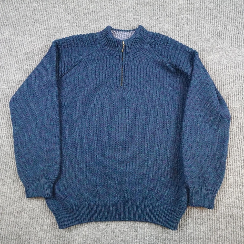 Aran Woollen Mills Sweater Womens Large Blue Wool 1/4 Zip Pullover Ireland